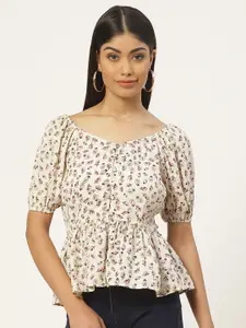 Slenor Floral Print Sweetheart Neck Puff Sleeves Georgette Peplum Top