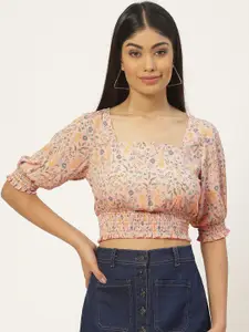 Slenor Floral Print Smocked Georgette Blouson Crop Top