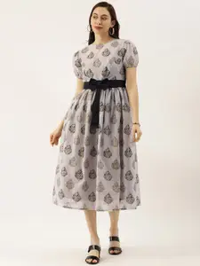 Ethnovog Floral Printed Round Neck Midi Silk Dress