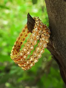 Adwitiya Set Of 4 Gold-Plated Stone-Studded Pearl Beaded Bangles