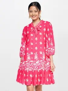 Global Desi Pink Floral Tie-Up Neck Drop-Waist Dress
