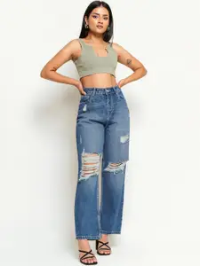 FREAKINS Women Straight Fit High-Rise Highly Distressed Light Fade Jeans