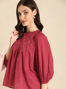 all about you Pure Cotton Puff Sleeve Floral Schiffli Top