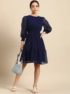 all about you Self-Design Smocked Flounce Hem Fit and Flare Dress