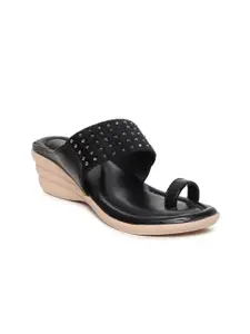 Paragon Black Textured PU Wedge Sandals with Laser Cuts
