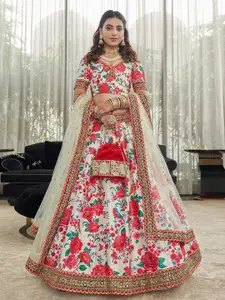 ODETTE White & Red Printed Semi-Stitched Lehenga & Unstitched Blouse With Dupatta