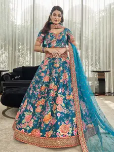 ODETTE Teal & Pink Printed Sequinned Semi-Stitched Lehenga Choli