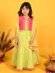 SAKA DESIGNS Girls Fluorescent Green & Pink Embellished Sequinned Ready to Wear Lehenga & Blouse With