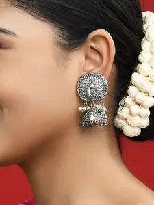 Fida Women Silver Plated Peacock Shaped Jhumkas Earrings
