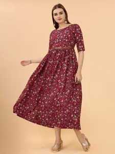 KETAKI FASHION Maroon Floral Crepe A-Line Midi Dress