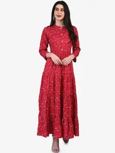 Be Indi Rayon Floral Printed Mandarin Collar Tiered Maxi Dress