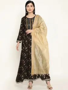 Be Indi Floral Printed Maxi-Length Ethnic Dress With Self Design Dupatta