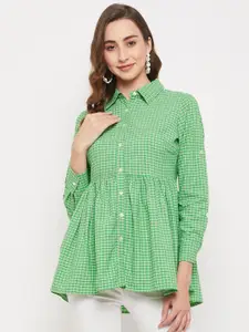 Ruhaans Green Checked Roll-Up Sleeves Cotton Top