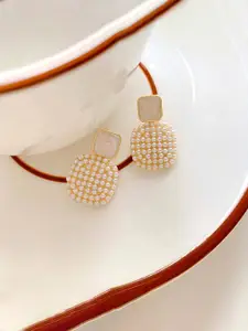 Yellow Chimes Pearl Studded Geometrical Drop Earrings