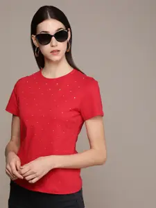 French Connection Women Pure Cotton Studs Embellished T-shirt