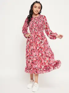 Antheaa Floral Printed Puff Sleeves Smocked Midi Dress