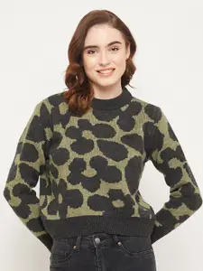 Duke Women Green & Black Self Design Cable Knit Crop Acrylic Pullover