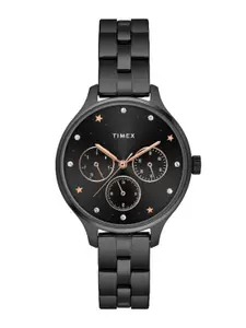 Timex Women Black Brass Embellished Dial & Black Stainless Steel Bracelet Style Straps Analogue Watch