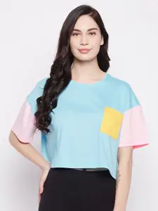 Clovia Women Colourblocked Short Sleeves Pure Cotton Lounge T-Shirt