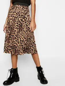 Boohoo Women Leopard Print Pleated Flared Midi Skirt