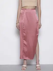 Boohoo Satin Wrap Midi Slit Skirt