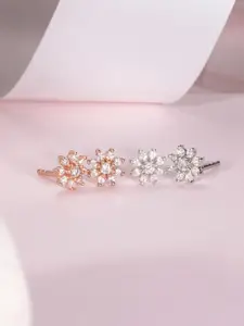 Zavya Set Of 2 Sterling Silver Rhodium-Plated Floral Studs Earrings