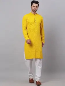 Jompers Men Floral Embroidered Sequinned Pure Cotton Kurta with Churidar
