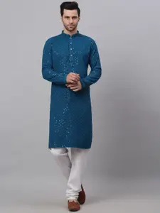 Jompers Men Floral Embroidered Sequinned Pure Cotton Kurta with Churidar