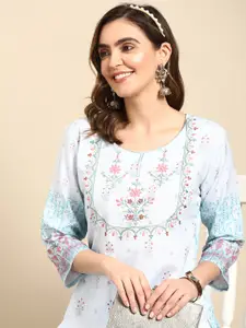 Sangria Women Turquoise Blue Floral Embroidered Kurta