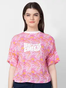 SPYKAR Women Printed Drop-Shoulder Sleeves Cotton T-shirt