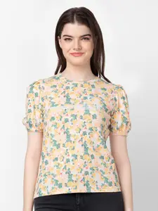 SPYKAR Women Floral Printed Puff Sleeves Slim Fit T-shirt