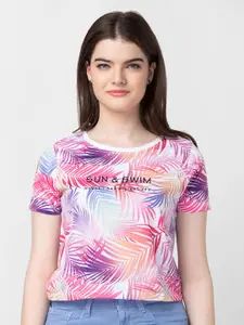 SPYKAR Women Floral Printed Tropical Slim Fit Cotton T-shirt