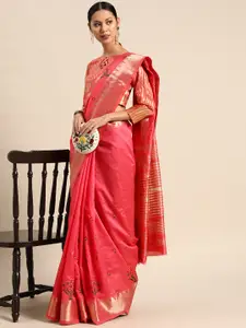 SERONA FABRICS Pink & Gold-Toned Floral Embroidered Silk Cotton Saree