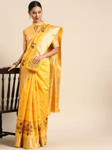 SERONA FABRICS Yellow Floral Embroidered Silk Cotton Saree
