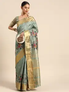 SERONA FABRICS Sea Green & Gold-Toned Ethnic Motifs Embroidered Silk Cotton Saree