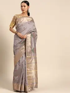 SERONA FABRICS Grey & Gold-Toned Floral Embroidered Silk Cotton Saree