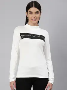 Huetrap Women Typography Printed High Neck Cotton T-shirt