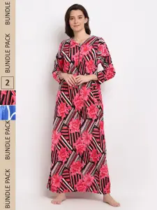 GRACIT Pack Of 2 Printed Maxi Nightdress