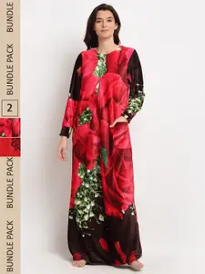 GRACIT Women Pack Of 2 Floral Printed Fleece Maxi Nightdress