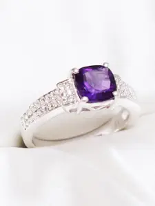 HIFLYER JEWELS 92.5 Sterling Silver Rhodium-Plated Amethyst Studded Finger Ring