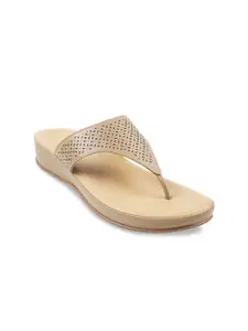 Mochi Women Textured T-Strap Flats with Laser Cuts