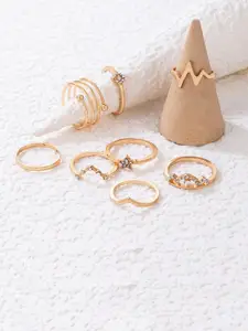 Jewels Galaxy Set Of 8 Gold-Plated Stone Studded Contemporary Stackable Finger Ring