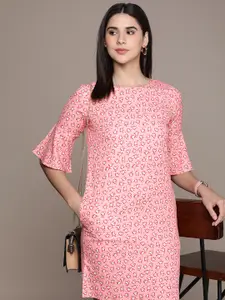 French Connection Floral Print Bell Sleeve Knitted A-Line Dress