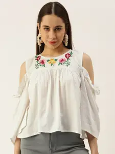 IQRAAR Floral Embroidered Cold-Shoulder Sleeves Ruffled Top