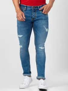 SPYKAR Men Slim Fit Low-Rise Mildly Distressed Light Fade Cotton Jeans