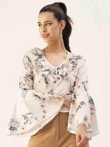 DressBerry Off White Floral Printed Bell sleeves Crop Top