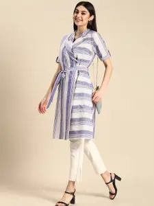Anouk Lapel Collar Roll-Up Sleeves Striped Pure Cotton Fusion Wrap Kurta With Belt