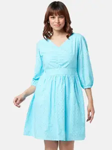 YU by Pantaloons Self Design V-Neck Puff Sleeves Cotton Fit & Flare Dress