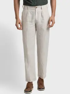 ColorPlus Men Linen Mid-Rise Tailored Fit Plain Pleated Trousers