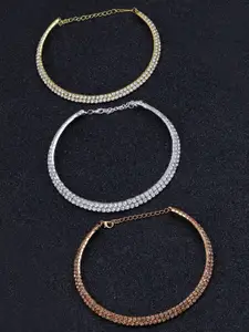Silver Shine Set Of 3 Silver-Plated & Gold-Plated & Rose Gold-Plated Choker Necklace